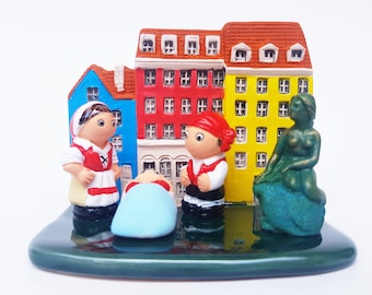Belén danés - Hecho a mano en arcilla - 1 bloque - 3.4 "X2.4" X3.4" alto, Dinamarca, Copenhague, Canal de Nyhavn, La Sirenita, Lego