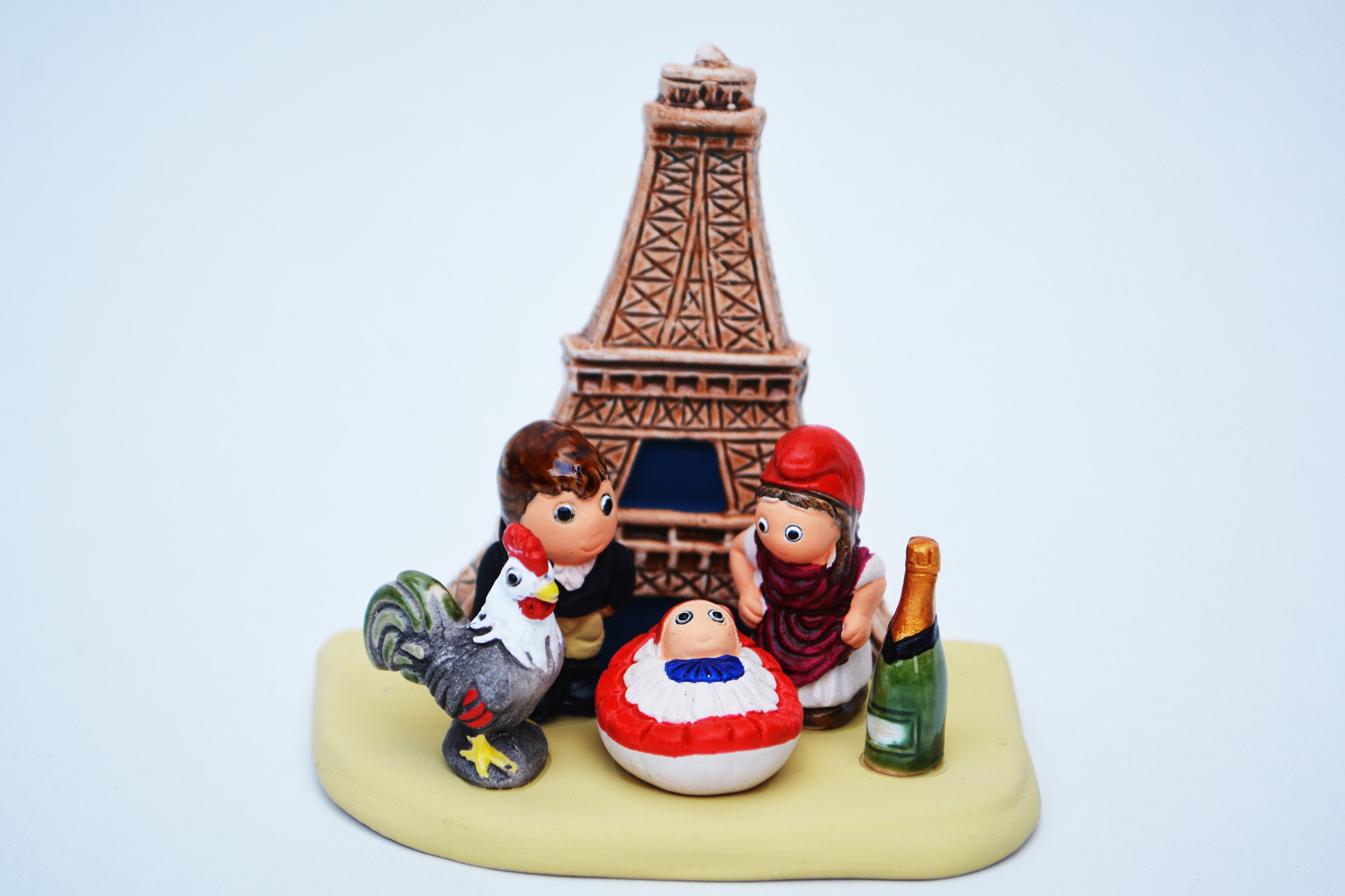 Pack of 2-Paris A Nativity Scene - Handmade in Clay - 1 block - 3.4"X2.4"X3.4" high, France, Eiffel Tower, rooster, champagne