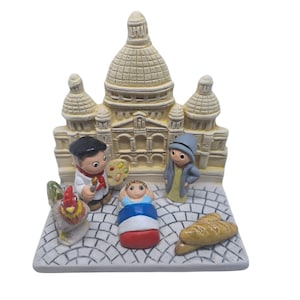 Montmartre Nativity Scene – Handmade in Clay–1 block – 3.4&quot;x2.4&quot;x 3.4&quot; high, France, Sacré-Cœur Basilica, French Rooster, Artist & Baguettes