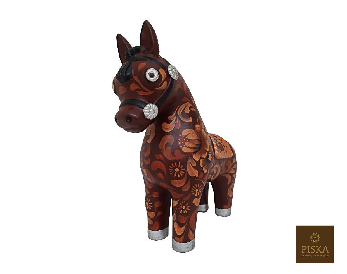 ペルーのパソ馬、陶器製半彩画 - 高さ12.6インチ、置物、陶芸彫刻