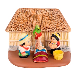 Guatemalan Nativity Scene - Handmade in Clay - 1 block - 3.1&quot;X2&quot;X3.1&quot; high, Guatemala, Village, Quetzal