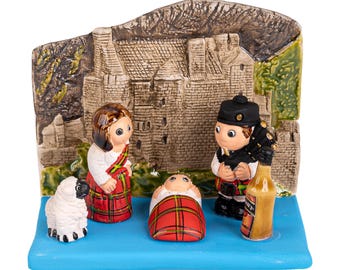 Scottish Nativity Scene - Handmade in Clay - 1 Block - 3.3"X2.2"X2.2" high, Scotland, Whisky, Scotch, Bagpipe, Edimburgh, Eilean Donan, UK