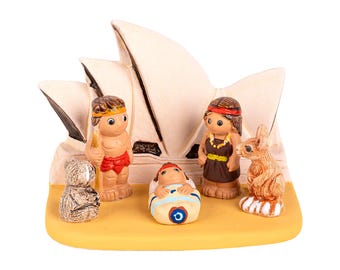 Belén Australiano II - Hecho a mano en arcilla - 1 bloque - 8,4 cm x 5,6 cm x 5,6 cm de alto, Ópera de Sídney, Sídney, Koala, Canguro