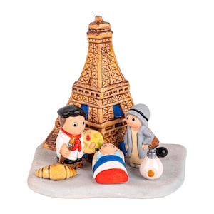 Belén París B - Hecho a mano en arcilla - 1 bloque - 3,4" x 2,4" x 3,4" de alt, Francia, Torre Eiffel, Croissant, Parfum