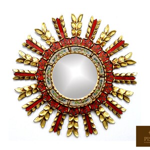 Sunburst Wall Mirror 20.9" - Mirror Cuzcaja style, flower design - Red Color - Frame covered with Gold Leaf, Luxury Mirror, Exclusive