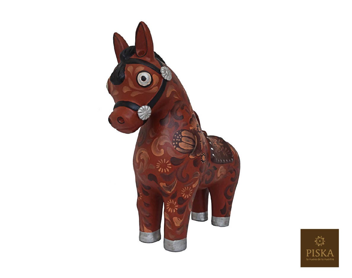 ペルーのパソ馬、陶器製半彩画 - 高さ12.6インチ、置物、陶芸彫刻
