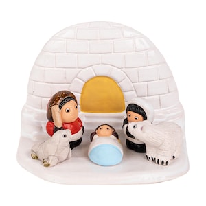 Groenlandse kerststal - handgemaakt in klei - 1 blok - 3,4 x 2,4 x 3,4 inch hoog, Groenland, Nuuk, sneeuw, noordpoolgebied, iglo, ijsbeer