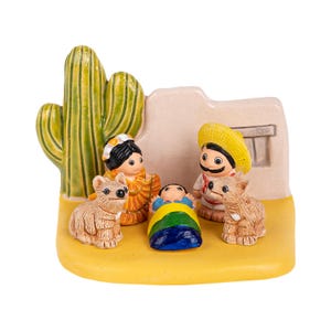 Mexican "A" Nativity Scene - Handmade in Clay - 1 block - 3.1"X2"X3.1" high, Mexico, Cactus, Charro, Mariachi, Coyote, Agave