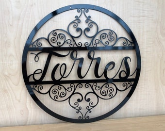 Personalized Last Name Monogram Circle Metal Wall Art with Scroll Details | Wall Decor | Custom Gift