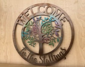 Personalized Metal Welcome Tree Green Spring or Fall Fade Door Hanger Wall Art - Any Color Powder Coat Combo