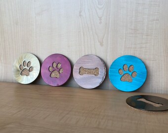 Dog Paw or Bone 4" Steel & Cork Coaster (ONE coaster only) Translucent Metallic Powder Coat - Woof Bark Ruff - Multiple Color Variations