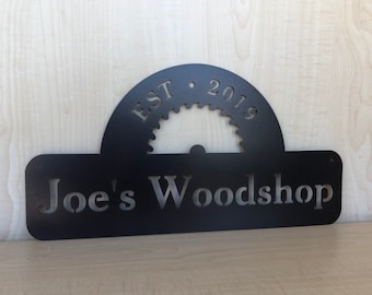 Personalized Woodshop or Workshop Metal Wall Art Sign-Garage, Home, Retail Shop Hanger--Craftsman Decor--Gifts For Him