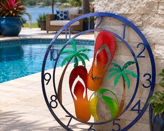 Beach Ball Flip Flop Palm Tree Metal Clock: Tropical Pool Decor