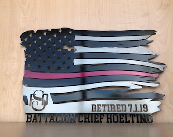 Custom Firefighter Tattered Flag Thin Red Line Metal Wall Art with Black and Clear Powder Coat