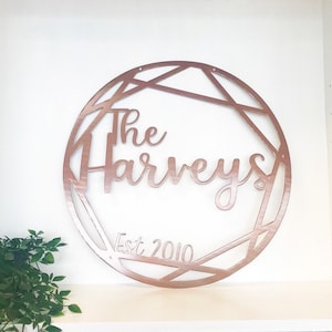 Personalized Geometric Metal Last Name Sign: Powder Coated Door Hanger