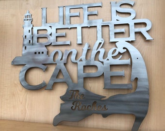 Personalized Life is Better on the Cape Powder Coated Metal Wall Art with Lighthouse