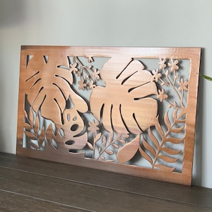 Tropical Leaf Floral Rectangle Sign Metal Wall Art | Outdoor Patio Decor | Framed Art or Vent Cover | Unique Handmade Decor | Horizontal Art