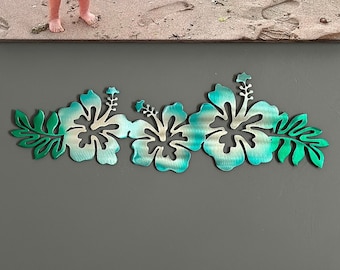 Hibiscus Trio with Leaves Metal Wall Art | Indoor Outdoor Tropical Home Decor | Powder Coat Finish | Made in USA | Hawaiian Flower