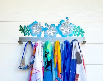 Hibiscus Trio Metal Towel Rack: Powder Coated Pool Decor