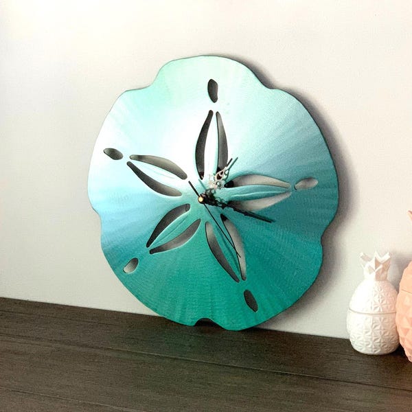 Metal Sand Dollar Clock: Teal Sparkle, Beach House Decor (14 inch)