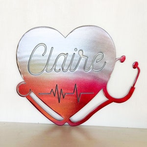 Personalized Stethoscope Heart Metal Wall Art Sign for Medical Professional