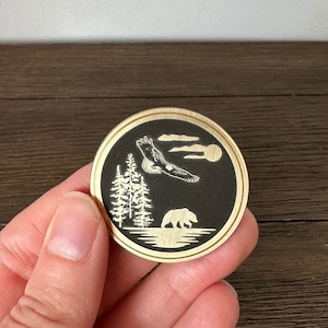Eagle Bear Scene Engraved Brass Challenge Coin • Mountains • Nature Hiking Forest Coin • Wildlife