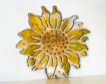 Sunflower Metal Wall Art - Hand Embellished - Marble Fade Gold & Candy Yellow