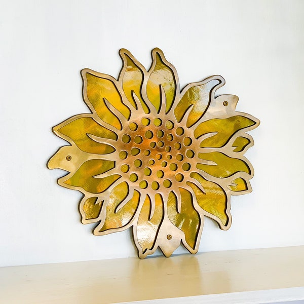 Sunflower Metal Wall Art - Hand Embellished - Marble Fade Gold & Candy Yellow