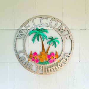Personalized Plumeria Palm Tree Scene Metal Sign - Tropical Floral Weatherproof Door Hanger or Wall Art Powder Coat | Beach House Decor