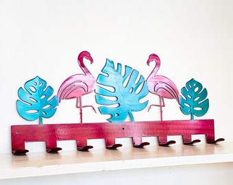 Tropical Flamingo Towel Rack Hanger with Hooks, Powder Coated with Matching Screws | Pool Decor | Outdoor Metal Wall Art