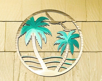 Palm Trees with Birds Scene Metal Wall Art Sign | Beach House Weatherproof Door Hanger| Handmade in USA | Outdoor Decor | Seagles Ocean Bird