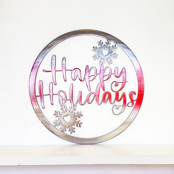 Happy Holidays Snowflake Metal Sign - Colgador de puerta o arte de pared / Decoración del porche delantero / Decoración navideña / Decoración navideña / Copos de nieve