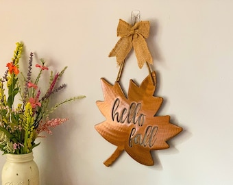 Hello Fall Leaf Metal Wall Art: Burlap Bow Decor