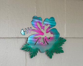 Hibiscus with Leaves Metal Wall Art | Unique Tropical Beach House Decor | Flower Art Home Decor | Door Hanger | Front Door Wreath