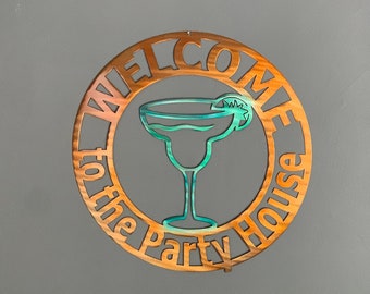 Personalized Margarita Glass Metal Sign - Customizable Weatherproof Door Hanger or Wall Art Powder Coat | Party House Decor