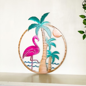 Letrero de metal con diseño de flamenco y palmera al atardecer, arte de pared, decoración para exteriores, colgador de puerta personalizable, resistente a la intemperie, decoración playera