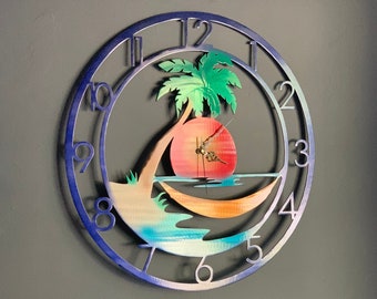 Hammock Palm Tree Sunset Metal Clock, Powder Coated | Tropical Decor | Beach House | Pool Decor Indoor Outdoor | Made in USA