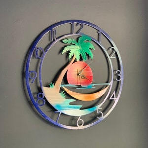 Hammock Palm Tree Sunset Metal Clock, Powder Coated | Tropical Decor | Beach House | Pool Decor Indoor Outdoor | Made in USA