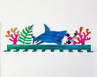 Shark Tropical Towel Rack Hanger with 10 Hooks, Powder Coated with Matching Screws | Pool Towels | Tropical Decor | Beach Coral Fish Leaf
