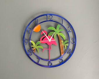 Flamingo Palm Tree Metal Clock, Powder Coated | Tropical Decor | Beach House | Pool Decor | Made in USA