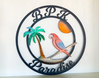 Personalized Parrot Palm Tree Scene Metal Sign - Customizable Weatherproof Door Hanger or Wall Art Powder Coat | Beach House Decor
