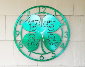 Four Leaf Clover Metal Clock with Scroll Detail, Powder Coated | Made in the USA | Hand Crafted Durable Steel Clock | Shamrock Luck