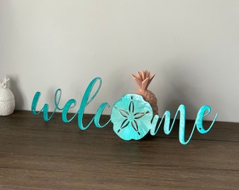 Welcome Sand Dollar Metal Wall Art in Script | Beach House Decor | Tropical Home Decoration | Welcome Sign | Outdoor Sign