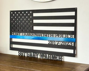 Personalized Police Thin Blue Line Tattered Flag Metal Wall Art with Powder Coat | Sergeant Captain Detective | Retirement Gift | Department