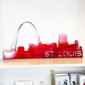 Arte de pared de metal con arco y diseño del horizonte de San Luis con recubrimiento en polvo, 34 opciones de color / Decoración del hogar / Arte de pared STL / Horizonte de la ciudad / Regalo de inauguración