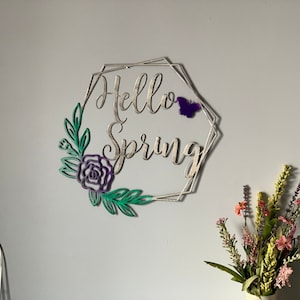 Hello Spring Floral Metal Sign, Powder Coated | Front Door Sign | Porch Patio Decor | Welcome Gift | Spring Sign | Geometric Home Decor