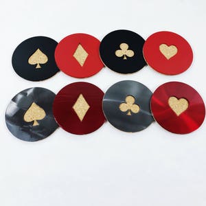 Casino 4" onderzetter van staal en kurk, poedercoating, woondecoratie, uniek kwaliteitscadeau! Handgemaakt, rood, zwart, kaarten, duurzaam, schoppen clubhart diamant