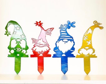 14" Gnomes Stakes SET of 4, One of Each Gnome Style, Powder Coated, Yard Garden Stake