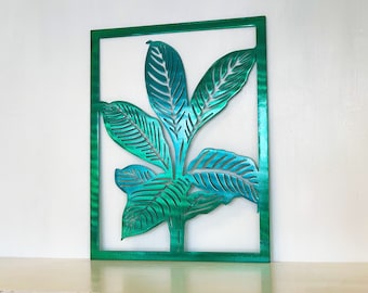 Tropical Leaf Framed Metal Wall Art | Outdoor Patio Decor | Beach House Art | Unique Handmade Decor | Vertical Wall Art | Tropical Theme