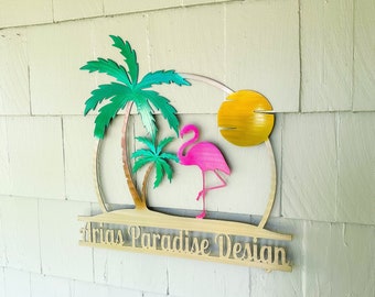 Personalized Flamingo Palm Tree Sunset Sign Metal Wall Art | Outdoor Home Decor | - Customizable Weatherproof Door Hanger | Beach Theme